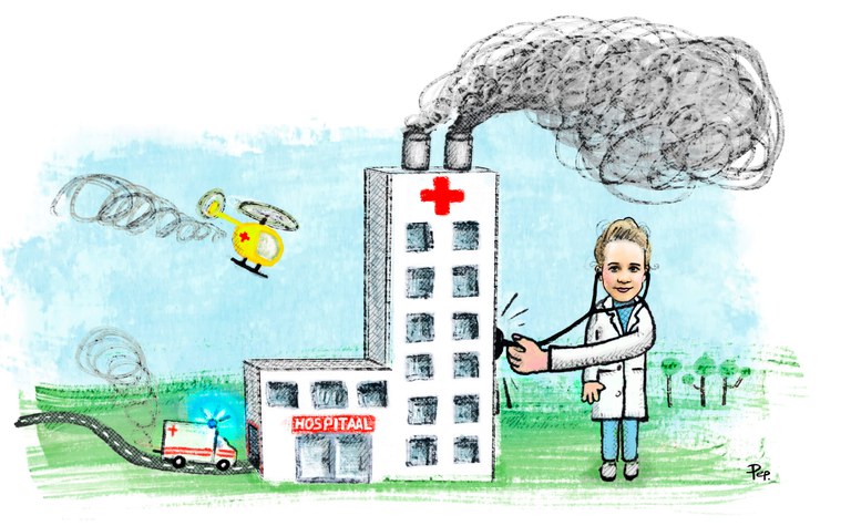 Illustratie van Pépé Smit:  een arts houdt een stethoscoop tegen een ziekenhuis aan