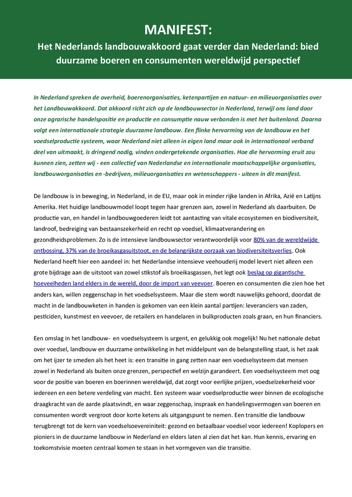Voorbeeld van de eerste pagina van publicatie 'Landbouwmanifest: bied duurzame boeren wereldwijd perspectief'