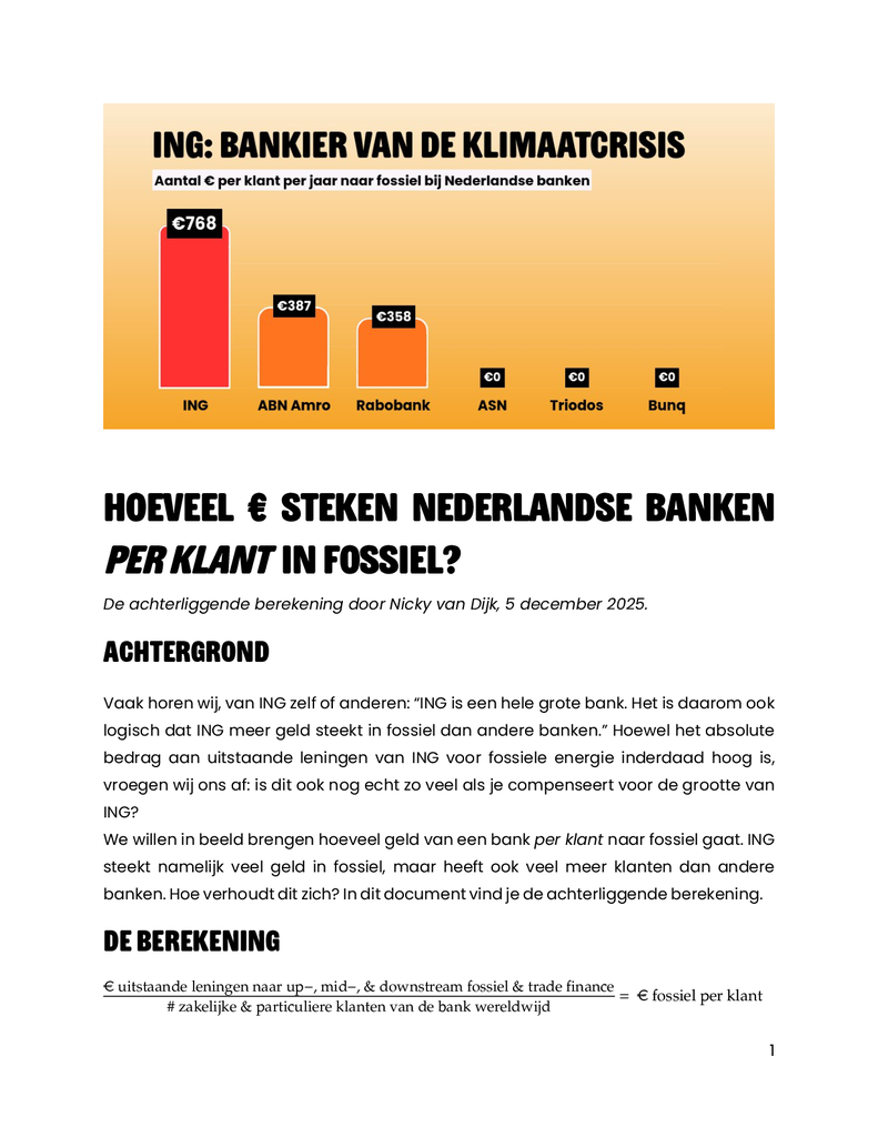 Voorbeeld van de eerste pagina van publicatie 'nieuw onderzoek: ING steekt € 768 per ing-klant in fossiel, en andere banken veel minder tot niets'