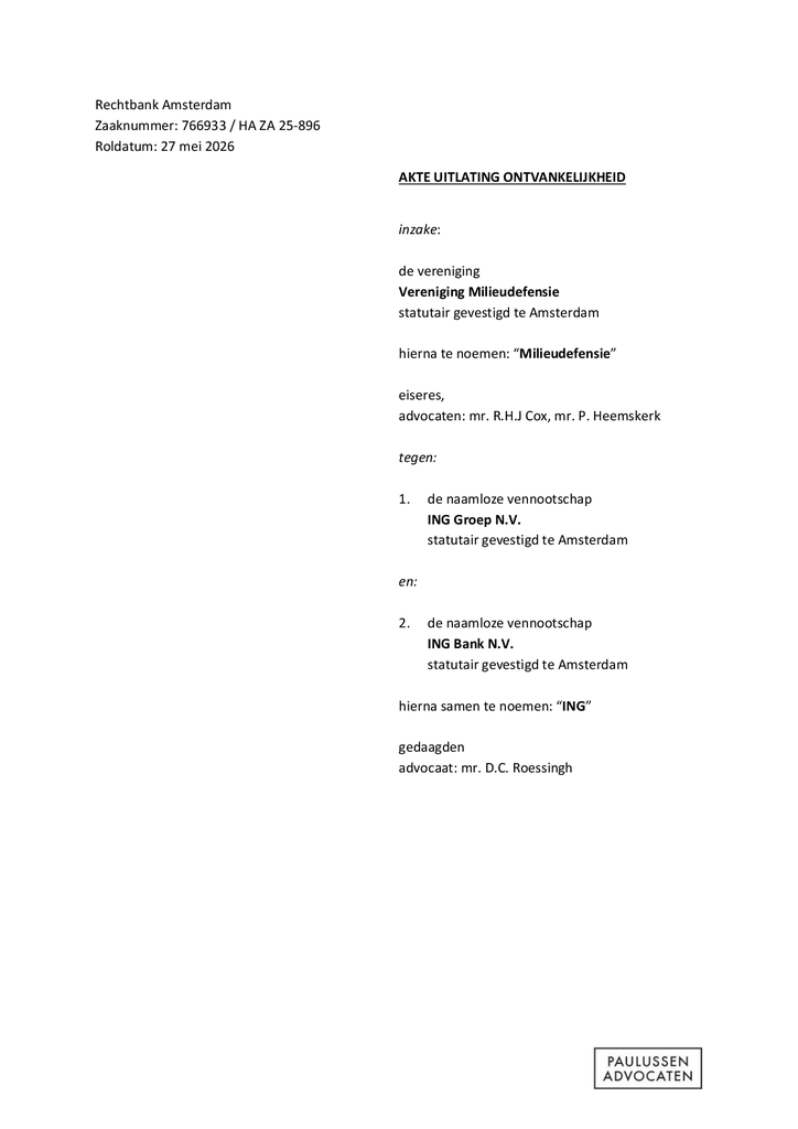 Voorbeeld van de eerste pagina van publicatie 'Milieudefensie's akte uitlating ontvankelijkheid'