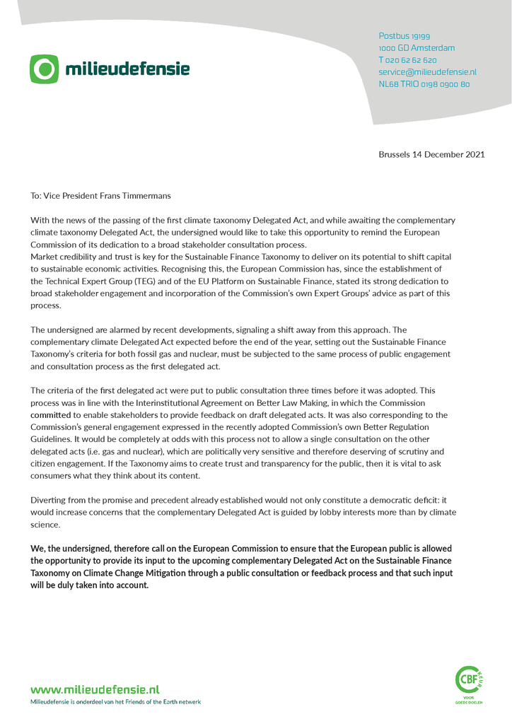 Voorbeeld van de eerste pagina van publicatie 'Brief aan vice-voorzitter Timmermans van de Europese Commissie over klimaat taxonomie'