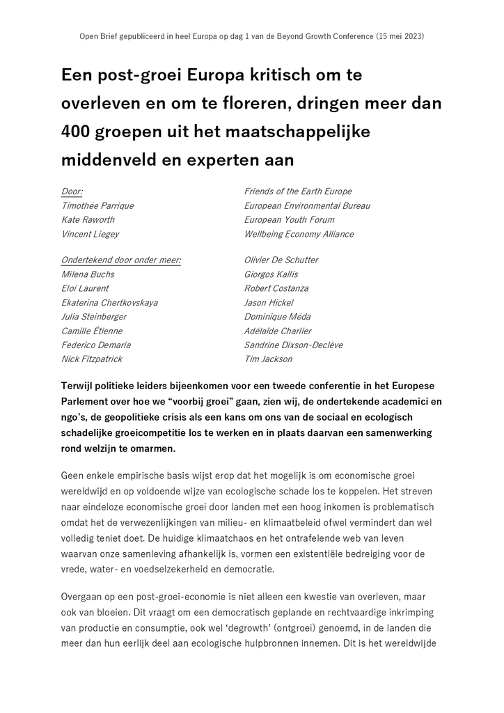 Voorbeeld van de eerste pagina van publicatie '400 wetenschappers en organisaties: ‘kijk verder dan economische groei’'