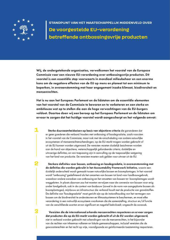 Voorbeeld van de eerste pagina van publicatie 'Brief aan Europees Parlement en lidstaten over nieuwe EU-wet ontbossingsvrije producten'