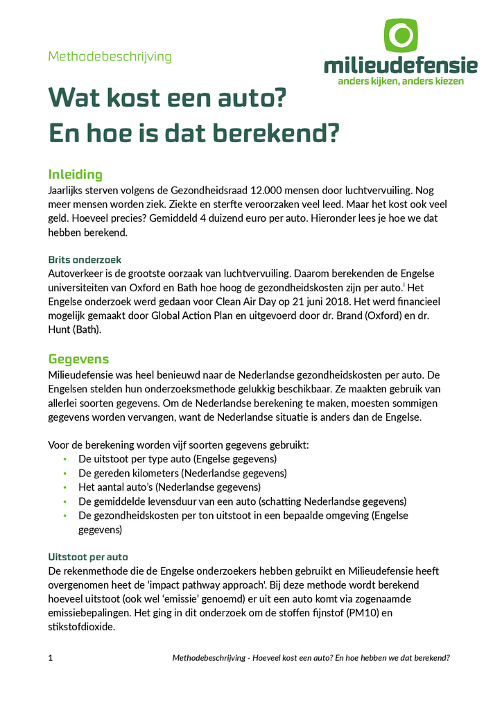 Voorbeeld van de eerste pagina van publicatie 'Onderzoek gezondheidskosten luchtvervuiling door auto's'