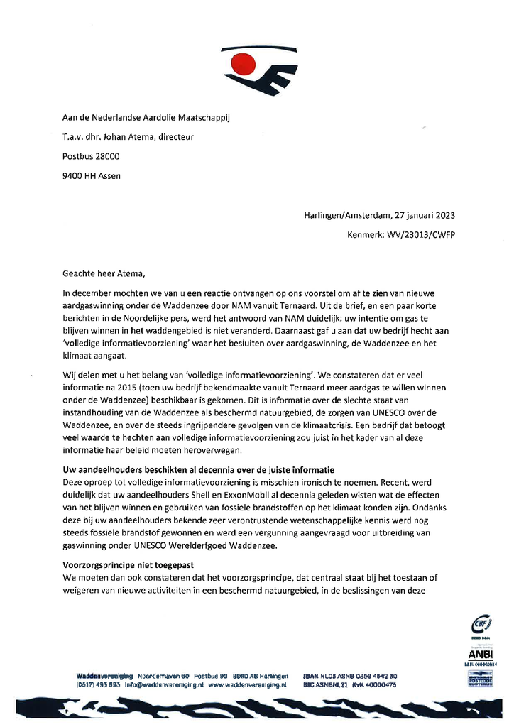 Voorbeeld van de eerste pagina van publicatie 'Onze gezamelijke brief aan de Nederlandse Aardolie Maatschappij (NAM)'