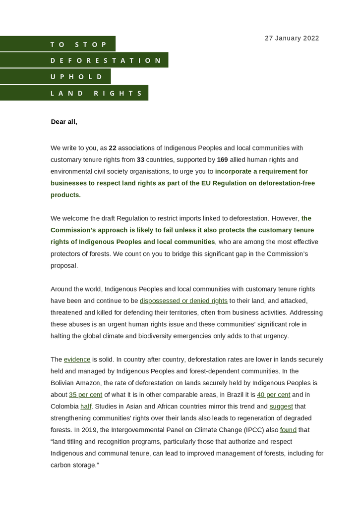 Voorbeeld van de eerste pagina van publicatie 'Brief aan Europese beleidsmakers: eis respect voor landrechten'