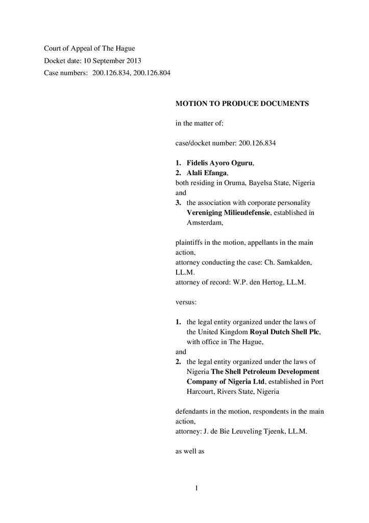 Voorbeeld van de eerste pagina van publicatie 'Shell courtcase: Motion to produce documents Oruma'