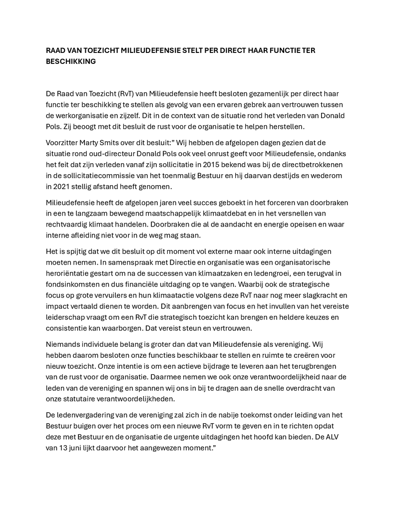 Voorbeeld van de eerste pagina van publicatie 'Verklaring Raad van Toezicht over ter beschikking stellen van haar functie'