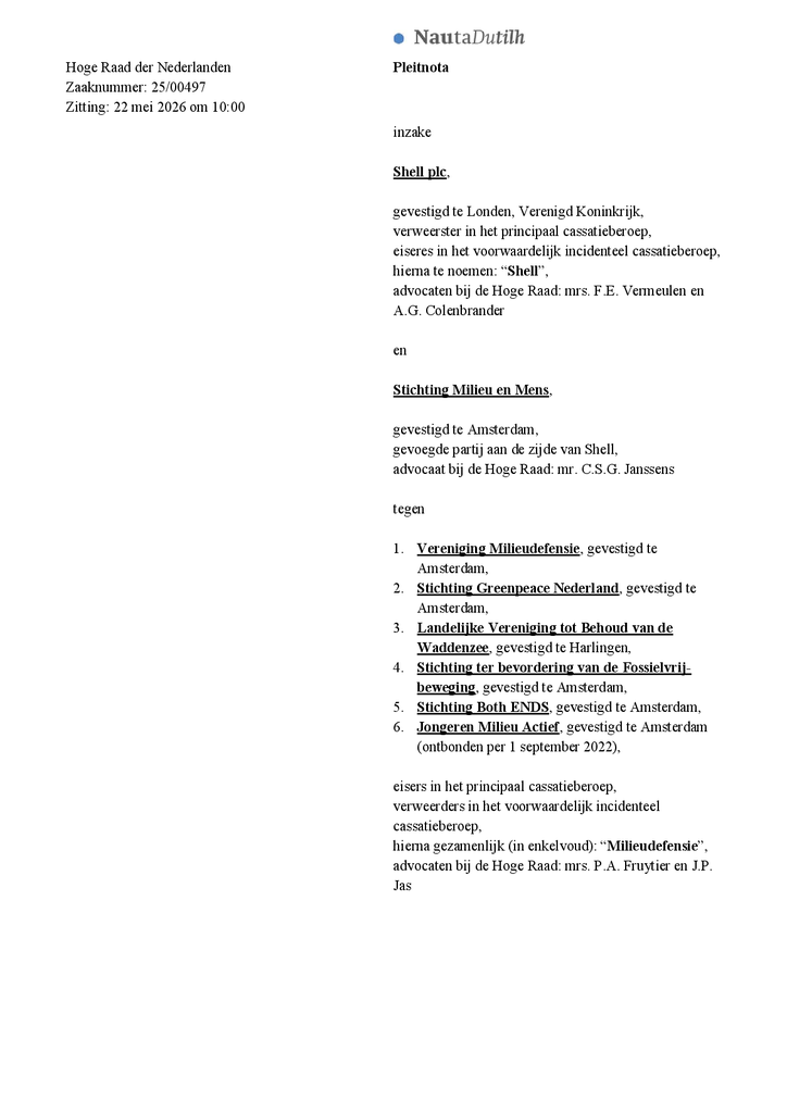 Voorbeeld van de eerste pagina van publicatie 'Pleidooi van Shell bij de Hoge Raad'