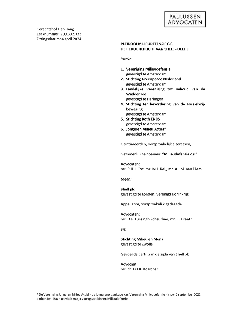 Voorbeeld van de eerste pagina van publicatie 'Pleitnota Milieudefensie zittingsdag 3 hoger beroep Klimaatzaak Shell (deel 1)'