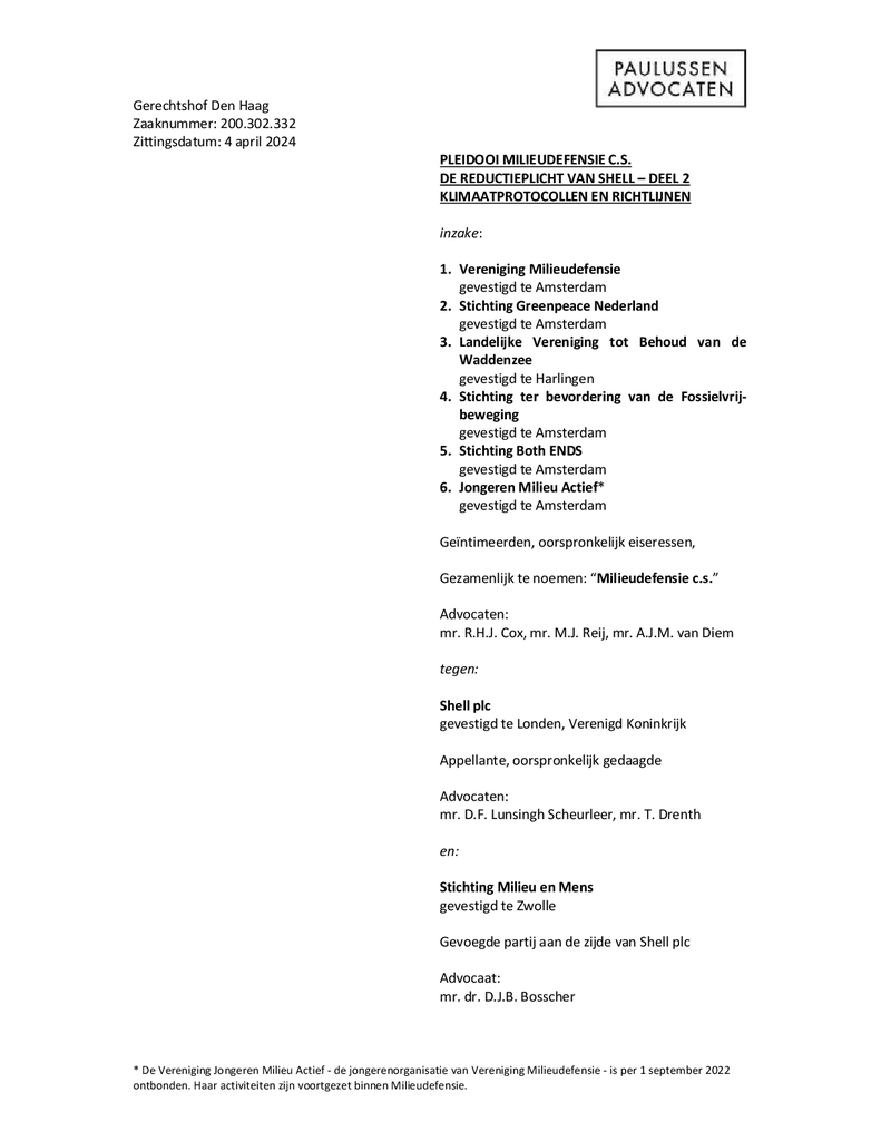 Voorbeeld van de eerste pagina van publicatie 'Pleitnota Milieudefensie zittingsdag 3 hoger beroep Klimaatzaak Shell (deel 2)'