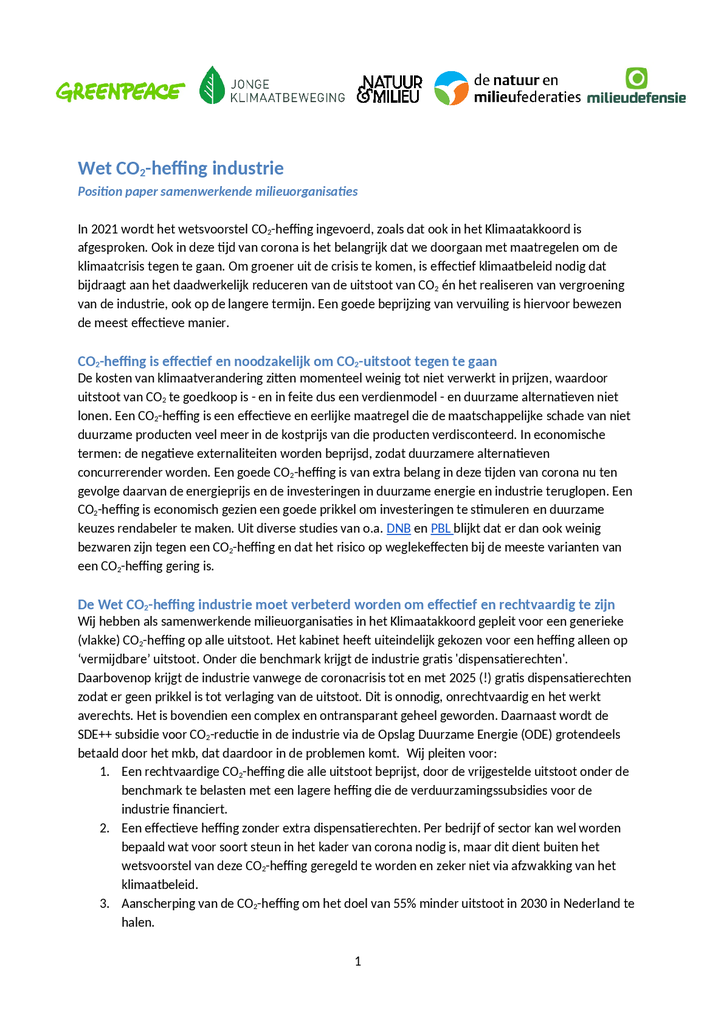 Voorbeeld van de eerste pagina van publicatie 'Wet CO2-heffing industrie - Position paper samenwerkende milieu-organisaties'