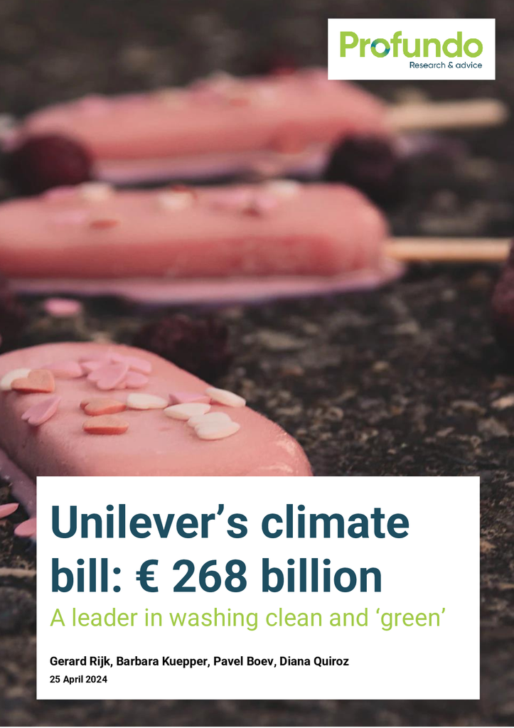 Voorbeeld van de eerste pagina van publicatie 'Unilever’s klimaatrekening: € 268 miljard. Een leider in (‘green’) washing'