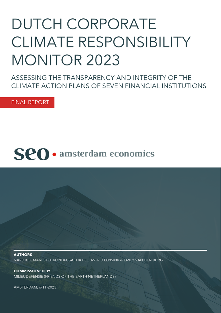 Voorbeeld van de eerste pagina van publicatie 'Samenvatting (EN): onderzoek naar de klimaatplannen van 7 banken, verzekeraars en pensioenfondsen'