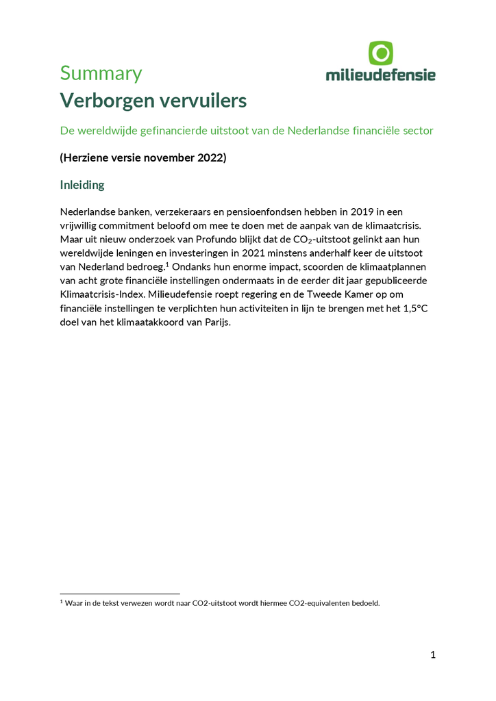 Voorbeeld van de eerste pagina van publicatie 'Samenvatting: gefinancierde uitstoot Nederlandse financiële sector'