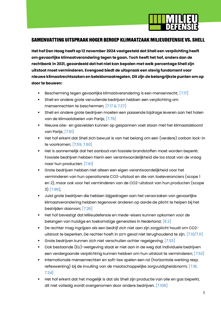 Voorbeeld van de eerste pagina van publicatie 'Samenvatting uitspraak hoger beroep Milieudefensie vs. Shell'