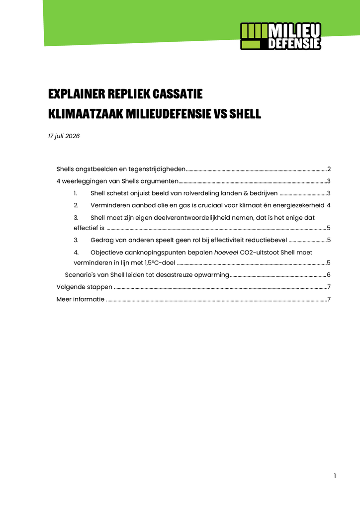 Voorbeeld van de eerste pagina van publicatie 'Samenvatting: onze reactie op Shells schriftelijke toelichting in de Klimaatzaak'