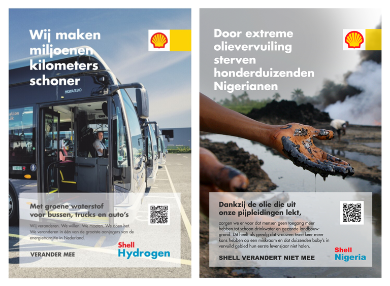 Spoofs Nigeria.png Links zie je de advertentie van Shell met de afbeelding van een bus en de tekst Ẃij maken miljoenen kilometers schoner´. Rechts zie je onze variant met een in olie gedrenke hand en de tekst 'Door extreme olievervuiling sterven honderdduizenden Nigerianen.'