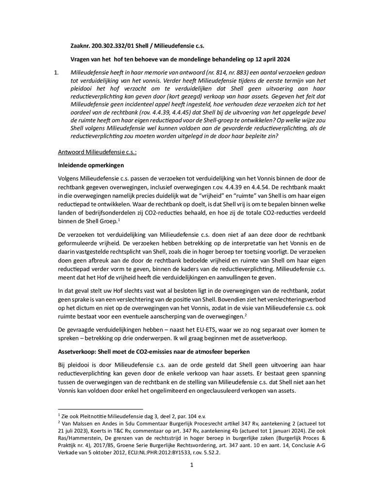 Voorbeeld van de eerste pagina van publicatie 'Vragen van het Hof en antwoorden van Milieudefensie hoger beroep Klimaatzaak Shell'