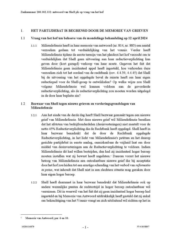 Voorbeeld van de eerste pagina van publicatie 'Vragen van het Hof en antwoorden van Shell hoger beroep Klimaatzaak Shell'