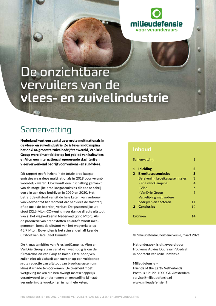 Voorbeeld van de eerste pagina van publicatie 'De onzichtbare vervuilers van de vlees- en zuivelindustrie'