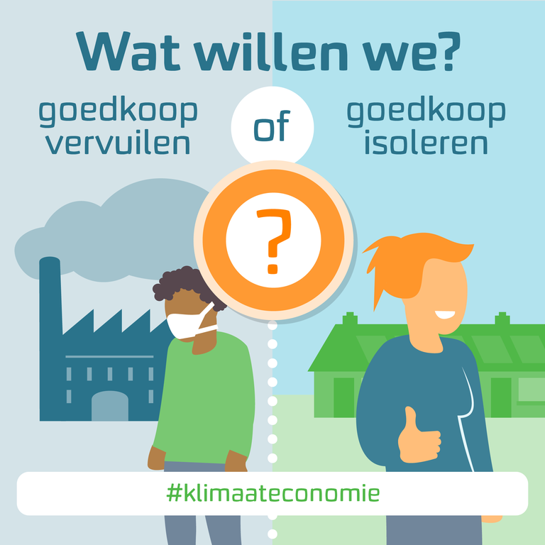 warmtefonds.png Afbeelding met links een man met mondkapje die sip kijkt bij een vieze fabriek en rechts een vrouw die vrolijk kijkt bij een rij huizen. In de afbeelding staat: Wat we willen we, goedkoop vervuilen of goedkoop isoleren? En: #KlimaatEconomie