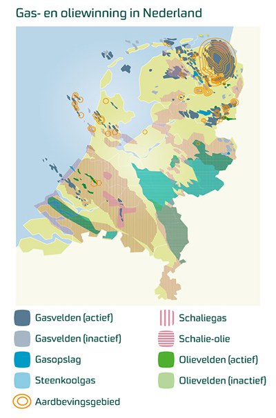 Een vlekkenkaart laat zien op welke plekken in Nederland schaliegas in de grond zit