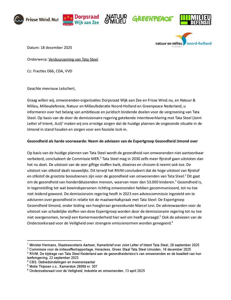 Voorbeeld van de eerste pagina van publicatie 'Brief aan formateur over plannen Tata Steel'