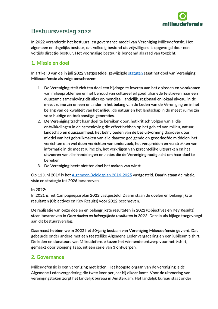 Voorbeeld van de eerste pagina van publicatie 'Bestuursverslag 2022  vereniging Milieudefensie'