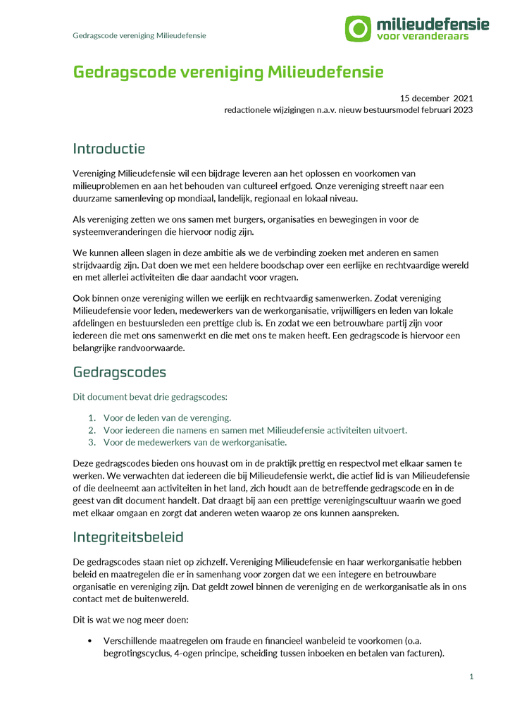 Voorbeeld van de eerste pagina van publicatie 'Integriteitsbeleid en gedragscode'