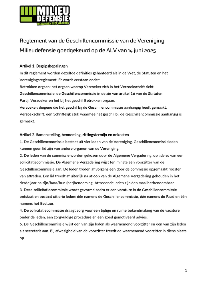 Voorbeeld van de eerste pagina van publicatie 'Reglement Geschillencommissie'